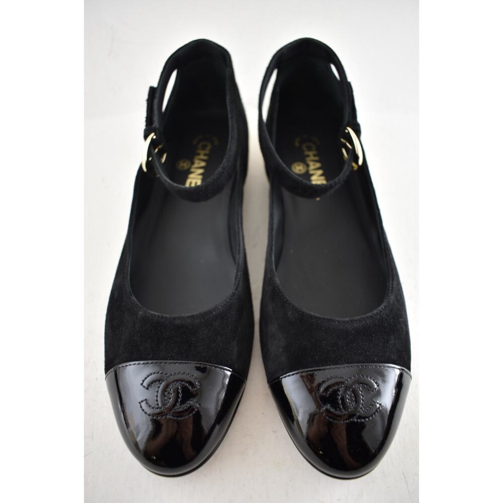 Chanel 24K Black Suede Patent CC Mary Jane Ankle Strap Ballerina Ballet Flat 40 - Picture 5 of 16